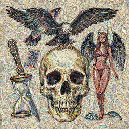 dmt skull + vulture + knife + hourglass + fish with wings + bikini girl + demon