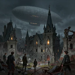 victorian city in ruins at night, crashed zeppelin in the background in the style of marcin rubinkowski, greg rutkowski, lorenzo lanfranconi, oleg zherebin, trending on artstation