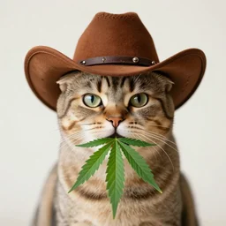 a cat with a cowboy hat with marijuana leaves, cannabis