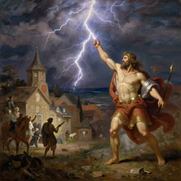 oil painting of zeus throwing lightning at a village