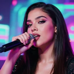 beautiful blasian woman raps into microphone, hip hop vaporwave, abstract background, neon, beautiful eyes, full lips, highest quality, professional artist, Zeronis, detailed, 4k
