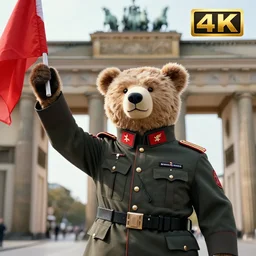 a portrait of a socialist bear in a military uniform waving a red flag in Berlin, 4K realistic, hyper detailed, cinematic lighting, wow factor, award winning photo
