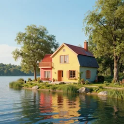 a beautiful surreal house in a lakeside, by jean delville, by edmund dulac, by jean giraud, by ellen jewett, landscape photography composition, vivid colors, octane render, redshift render