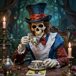 Mad Hatter drinking tea with Alice in wonderland,death tarot card,highly detailed,half skull face,cinematic,8k,by Stanley Artgermm,Tom Bagshaw,Greg Rutkowski,Carne Griffiths, Ayami Kojima, Beksinski, Giger,trending on DeviantArt,hyper detailed,horror, full of colour