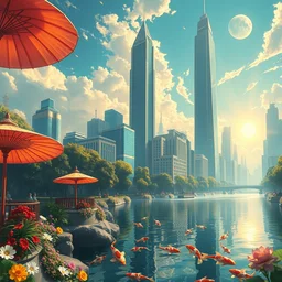 art deco 1 9 2 0 metropolis optimistic colorful sunny parasols hologram koi lush parks trees flowers water clear focus monolith skyscrapers [ art deco motifs ] fantasy by ross tran greg rutkowski intricate elegant retro futuristic highly detailed artstation