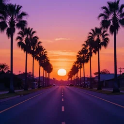 a vaporwave landscape with palm trees at the sides of an highway, the sun setting in the background, orange and purple tones, high definition, 8 k, lo - fi, aesthetic
