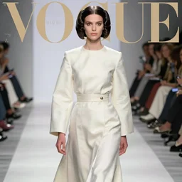 princess leia fashion in the 7 0's. catwalk photo. vogue magazine cover with text. highly detailed