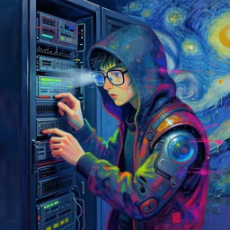 a hacker in vast cyberspace glitching through a vulnerable server, wearing glasses, aesthetic!!! face, futuristic clothes, vibrant colors, rule of thirds, spotlight, drips of paint, expressive, passionate, by greg rutkowski, by jeremy mann, by francoise nielly, by van gogh, digital painting