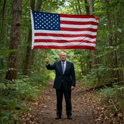 politician in a boring wooded forest trail with an american flag