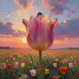 large tulip head, girl floating in a flower field, surreal photography, sunrise dramatic light, impressionist painting, colorful clouds, digital painting, artstation, simon stalenhag