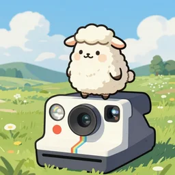 a cute sheep standing like a human, stand on a polaroid camera, by jonathan chu, artstation, twitter, micro - landscape, comic paint, highly details, 4 k,