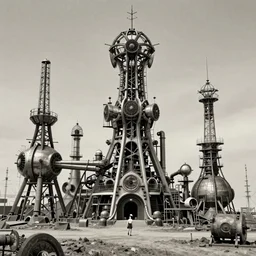 A mechanical wasteland of large intricate constructs. Masterpiece by Zdzisław Beksiński and Adolf Lachman