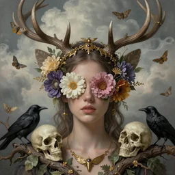 ornate, intricate, young, beautiful, woman, antlers, realistic portrait, ethereal, flowers covering eyes, skulls, soft clean focus, art by emil melmoth, gustave dore, craig mullins, yoji shinkawa, art germ, pete morbacher, david lynch, hyper detailed, high detail, artstation, hyperrealistic, unreal engine 5, ravens, branches, leaves, ghost, clouds, colors, moths, gold, morbid headpiece,