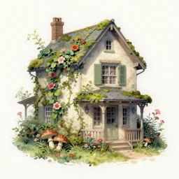 retro airbrush detailed. loose watercolor ( ( ( ( ( 1 9 5 0 s retro knome house flower with vines, moss and mushrooms. with white paper background. watercolor ) ) ) ) ) by jean - baptiste monge,!!!!!!!!!!!!!!!!!!!!!!!!!!!!!