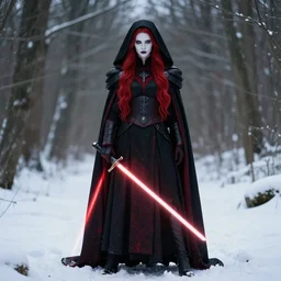 a beautiful female sith warrior with pale white skin and long flowing red hair, wearing black imperial uniform with dark red highlights, cape and veil, holding lightsaber, outdoors in the forest in winter, snow covering the ground, dark gothic aesthetic, full body portrait, centered composition, detailed