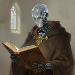 portrait of a robot wizard reading a big book, transparent scalp, window, intellectual, sofisticated, medieval fantasy, highly detailed, digital painting, artstation, concept art, character art, art by greg rutkowski and tyler jacobson and alphonse mucha