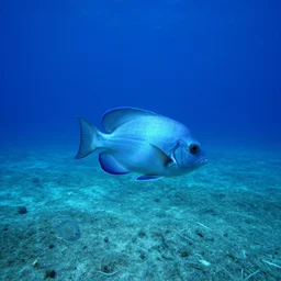 underwater view of an alien fish swimming on an ocean bed, deep blue sea