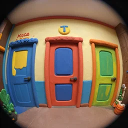 theatre access corridor background, 3 doors, fish eye, day of the tentacle, color, vibrant, clay art