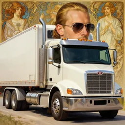 a beautiful illustration of a dark blonde ponytailed and shaved man wearing aviator glasses and his 1 8 wheeler truck, intricate, sharp focus, illustration, highly detailed, digital painting, concept art, matte, art by wlop and artgerm and greg rutkowski and alphonse mucha, masterpiece