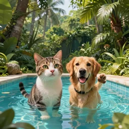 cat and dog taking selfie in a swimming pool in the middle of the jungle, highly detailed, digital painting, artstation, concept art