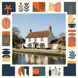 a pub by the canal in the sunshine in the countryside of england, rule of thirds, clever design, decorative modern graphic design collage border, by hannah hoch and jesse treece and christian jackson and josh brill