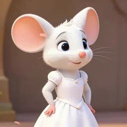 a anthropomorphic mouse female with white furr in a white dress, in the style of zootopia