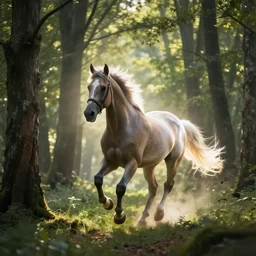 a award winning photo of a horseman spirit running in a forest, volumetric light effect