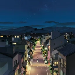 planform, very beautiful night, starry sky, overlooking the street, the view from the top of the building, by makoto shinkai and studio ghibli, 8 k