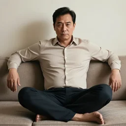 full body photo of robert, mature male, mysterious face. he is sitting gracefully on a sofa, elegant slim beige shirt, tight shirt, bouncy belly