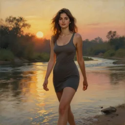 Fine art photo of the most beautiful woman, she is posing while maintain a sweet eye contact to the camera she is walking on a river, she is getting ulluminated by the rays of the sunset, the photo was taking by Steve McCurry, matte painting, oil painting, naturalism, 4k, 8k