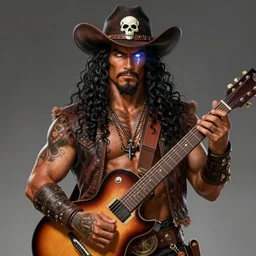 illustration of a handsome!! man resembling ( ( ( ( ( ( jason momoa ) ) ) ) ) ) with long black curly hair + tan skin + anchor goatee + glowing lightning eyes, guitar | wearing a cowboy hat with a skull emblem | art by hirohiko araki & jean giraud & artgerm & jack kirby | artstation, character design, concept art, full body, digital painting | intricate, high detail, smooth, sharp focus