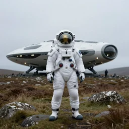 astronaut tourist wearing futuristic space suit, standing in the Isle of Harris, Scotland, a futuristic spaceship in the background, wide angle lens, photorealistic
