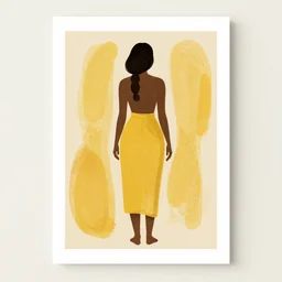 illustration art print, back view, full body silhouette of woman, boho style, abstract, yellow, beige background, by gary hume, augustin edouart, trending on society 6