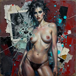 woman from fight club detailed mixed media collage with canvas texture in style of contemporary art, punk art, photorealism, sensual bodies, expressionism, masterpiece, perfect composition, spectacular quality, intricate oil details, broken glass photo, torn paper intricate texture, large cracks, liquid glue spots, dark red and cyan chaotic background