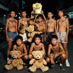 ultra realistic photo of bangkok street primary student gangs with tattoos over the years, with their teddy bear. 8 0 s. lighting dim. awards winner photographers.