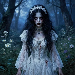 a pretty but sinister and creepy monster in layers of fear, with haunted eyes, lace dress, violence in her eyes, 1 9 7 0 s, seventies, delicate embellishments, a little blood, woodland, blue dawn light shining on wildflowers, painterly, offset printing technique, by alexandre cabanel