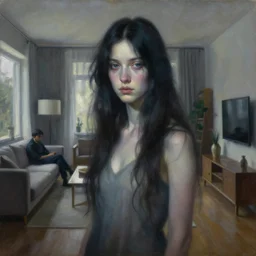 a portrait of a beautiful woman inside a modern apartment, intricate oil painting, hyperdetailed, ominous, ethereal, dramatic lighting, by jeremy mann and ruan jia and ilya kuvshinov
