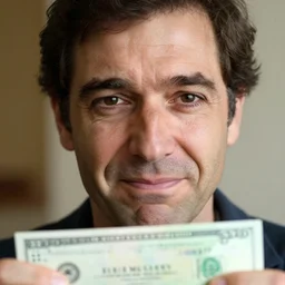 closeup portrait of a man unhappy with a million dollar cheque, by Steve McCurry and David Lazar, natural light, detailed face, CANON Eos C300, ƒ1.8, 35mm, 8K, medium-format print