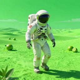 skeleton astronaut without a helmet, trudging thru an alien vibrant green desert 8 0's inspired, limes in the background