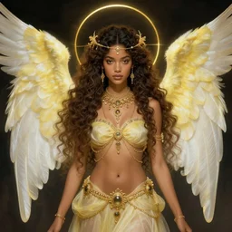 a girl with tan skin and long curly hair. Dressed from head to toe in ornate jewelry with two sets of yellowish white ethereal angel wings. Wrapped in a golden halo. By Dan Mora, Berthe Morisot, James Jean, Horikoshi. Pixiv