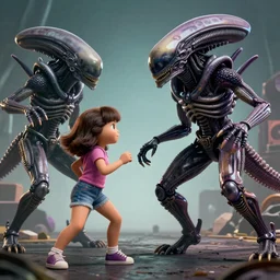 realistic wide angle photo, of Dora fighting Xenomorph Moebius and Giger, greg rutkowski, very coherent, cinematic, hyper realism, high detail, vivid colors, octane render, unreal engine, 8k, Smooth gradients, High contrast, depth of field by Jacek Yerka