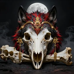 photo portrait of skull of wolf, lying on bones, dramatic lighting, golden ornaments, symmetric, intricate skeletal decorations, symmetry, highly detailed, concept art, black, red, white, gold layers, super moon, style of nekroxiii, hyperrealistic, dark background, smoke