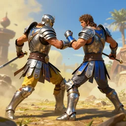 dynamic gladiator combat, in armor, deadly battle, unreal engine render, yellow and blue theme, high detail, very realistic, by greg rutkowski, by james gurney ultra clear detailed