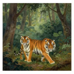 a forest with a tiger in the style of henri rousseau
