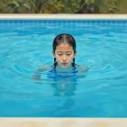 Girl poking her head out of a swimming pool, matte painting, natural lighting