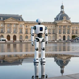 a robot standing in the miroir d'eau of bordeaux