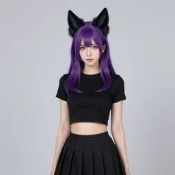 portrait of a woman wearing a black crop top and a skirt, she has black fox ears and purple hair