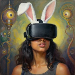 detailed potrait of pretty 8 0's srilankan woman with vr headset inspired by bunny head, painting by james jean, craig mullins, j. c. leyendecker, lights, art by ernst haeckel,