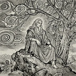 a wise prince with long hairs sitting  on a rock, a dead tree and swirly clouds in the background, art by James Jean and Wayne Barlowe and moebius, black and white ink, high details , cinematic, cgsociety 8k