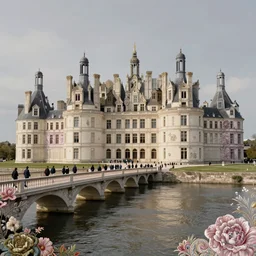 a modern futuristic architecture castle along a river. hyperdetailed people walking on a bridge. mixed media collage, victorian baroque embroidery rich maximalist fabric textures, shiny pastel tones. matte background. HD 8x